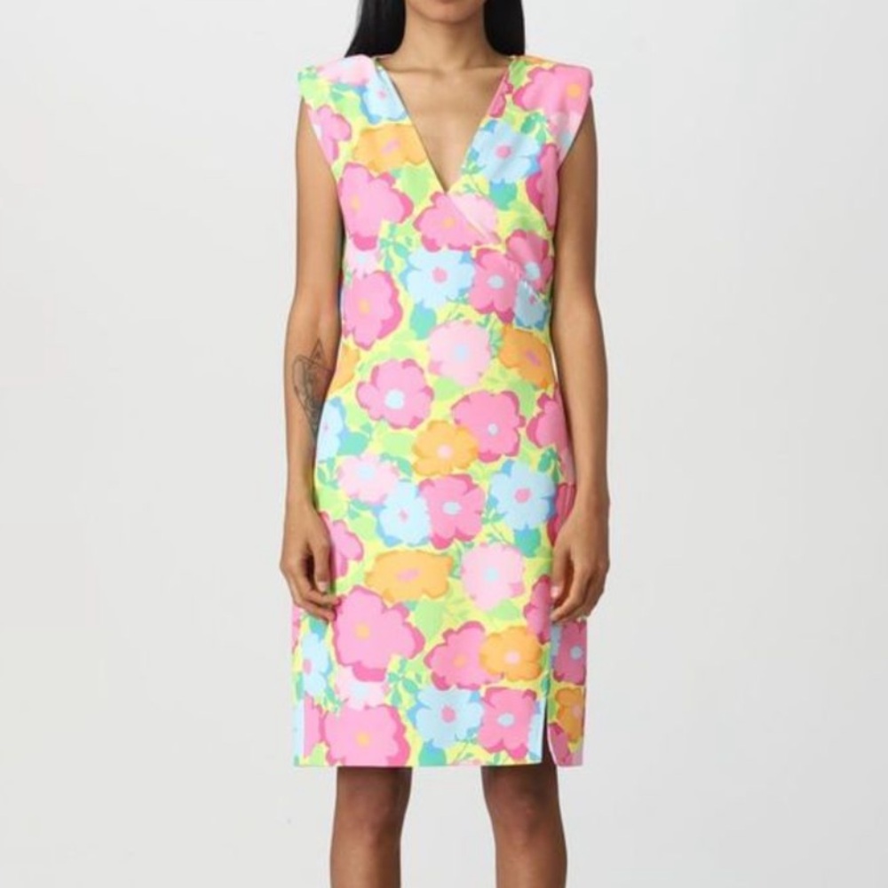 Chiara Ferragni Dress Colorful Floral Vneck Sleeveless Shoulder Pads 60s Retro